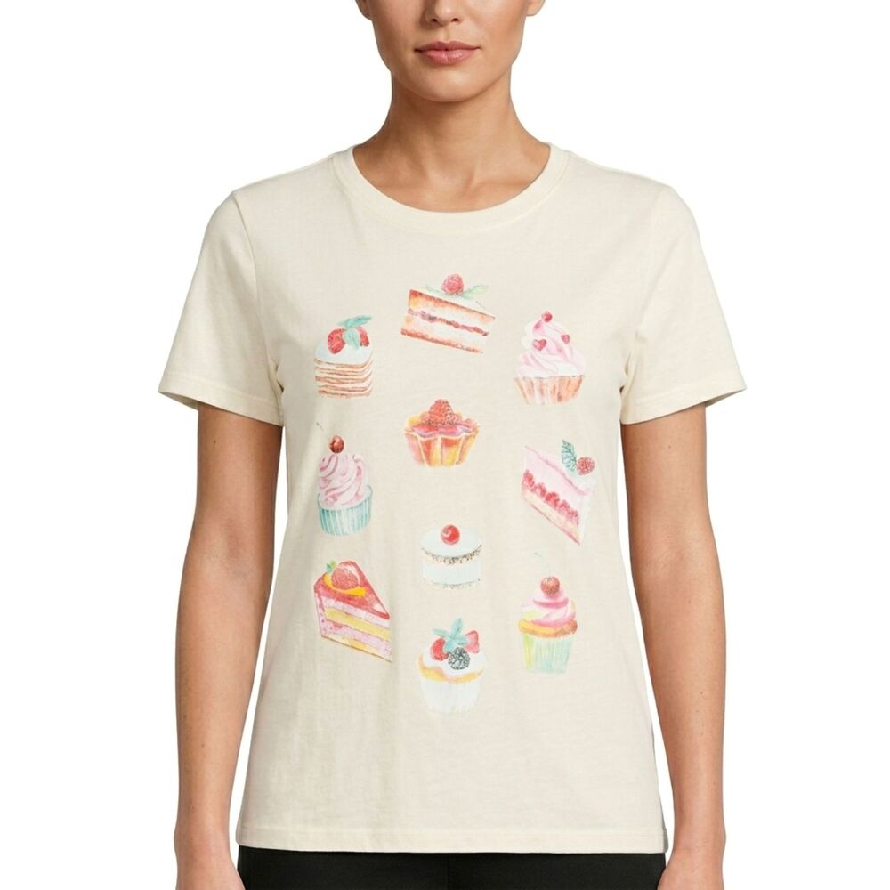 VINYL THREADS T-Shirt Cream Sweet Treats Graphic Short Sleeve Women Large NWT